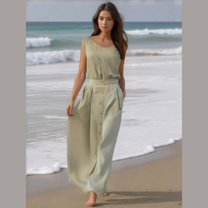 80s 2PC DEBRA DEROO SILK RIBBED PASTEL GREEN SHELL & BUTTON FRONT MAXI SKIRT L